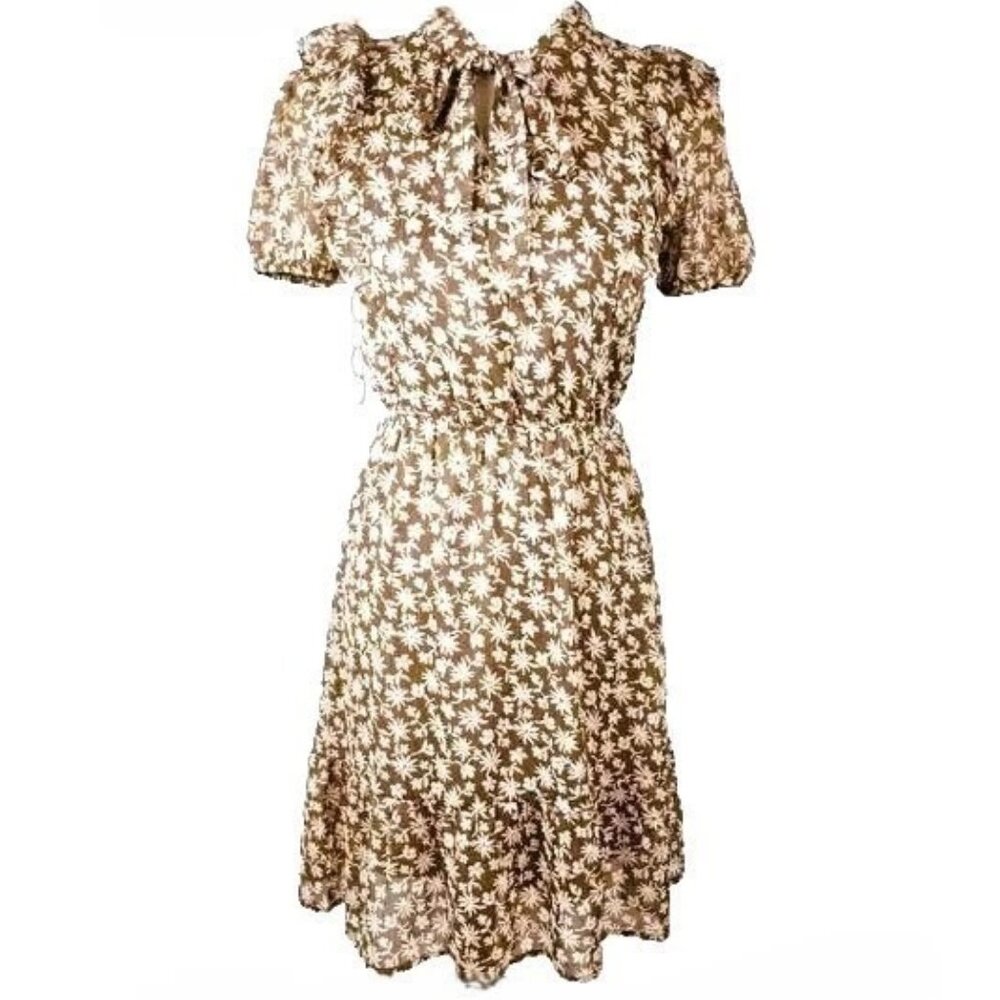 Monteau Los Angeles Brown Short Sleeve Floral Ruffle Knee Length Dress Size S